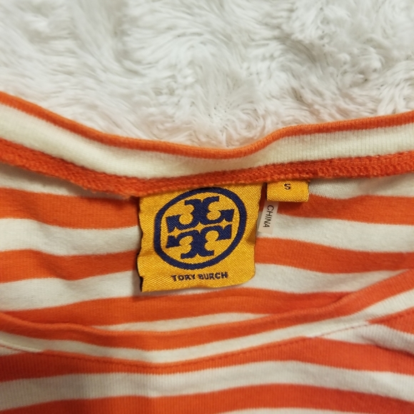 EUC Tory Burch Small Long Sleeve Top in Navy, Orange and Cream Stripes - Picture 2 of 4